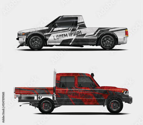 Two Pickup Truck Designs with Aggressive Graphics Side