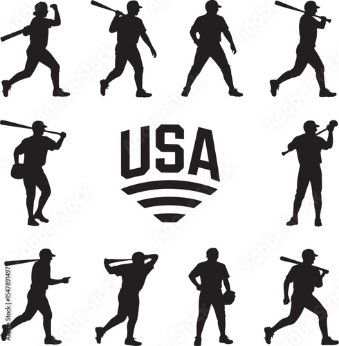 Eight Black Silhouettes of Baseball Players in Various Poses U S A Team Graphic white 1