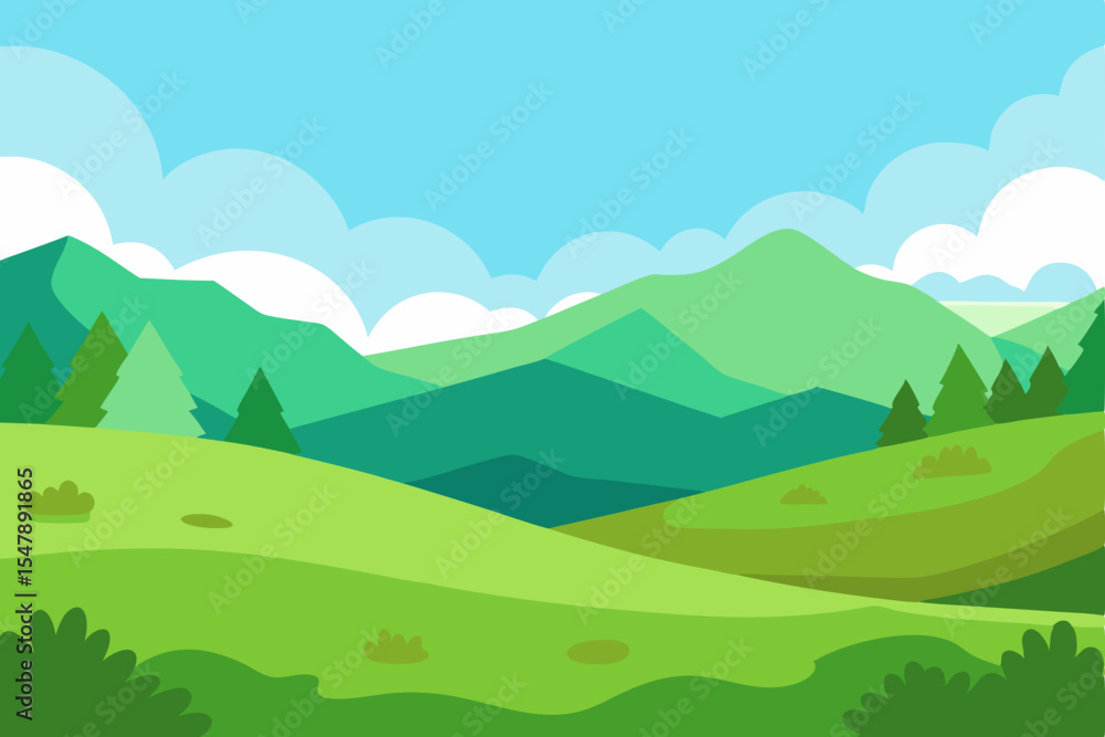Fototapeta premium Here's a concise sentence combining your keywords to describe the image:Vibrant summer landscape with green mountains, a clear blue sky, and white clouds over a tranquil meadow