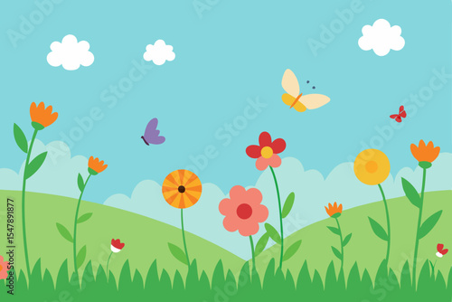 A vibrant spring meadow thrives with colorful blossoms, butterflies, and bees under a bright sky