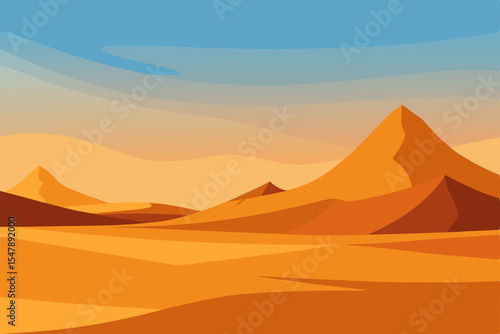 Golden sunset illuminates a desert landscape with rolling sand dunes under a vast sky, evoking the adventure and nature of the Sahara