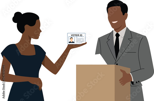 Flat Vector Illustration Dark Skinned Woman Presenting Voter I D to Man at Polling Station Brown Box