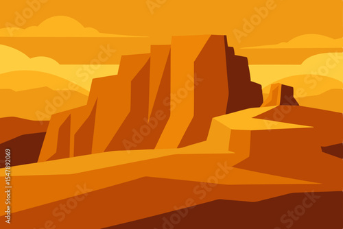 Desert mountains sunset vector landscape with sun and trees