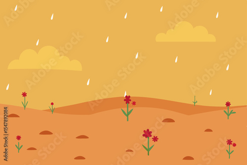 A vibrant vector illustration of an abstract desert landscape at sunset, featuring silhouetted mountains, palm trees, and people under an orange sky