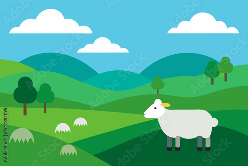 Cute cartoon farm animals, sheep, and a cow, graze in a green pasture under the summer sun
