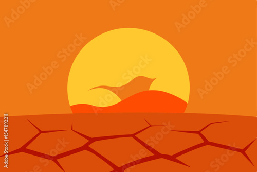 Vector illustration of a vibrant orange bird silhouette soaring over a desert landscape with a setting sun