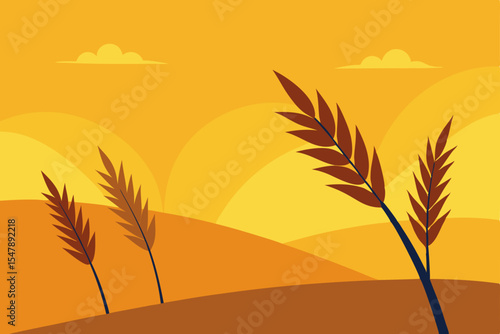 Golden wheat field at sunset with a tropical palm silhouette against the orange sky