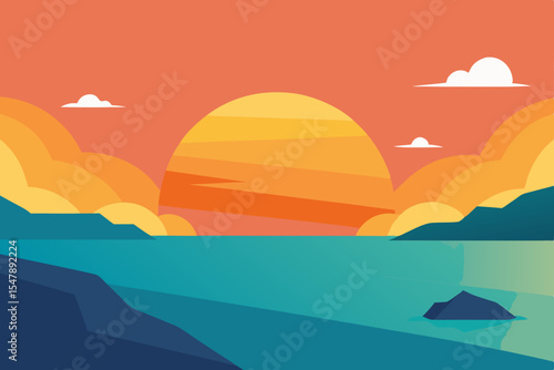 Golden sunset illuminates the sea landscape with mountains and orange clouds, a perfect summer nature illustration of ocean and beach at horizon