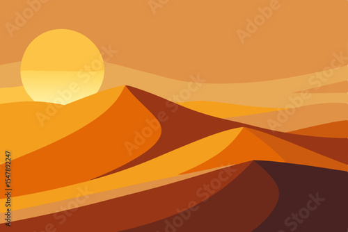 Orange summer sunset landscape vector illustration with desert sand and mountain silhouettes under a vibrant sky