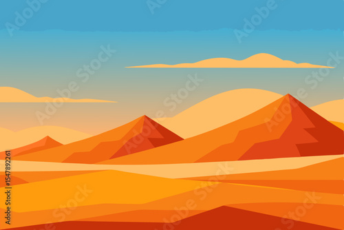 Vector illustration of Egyptian pyramids at sunset, a desert landscape with dunes and mountains under an orange sky