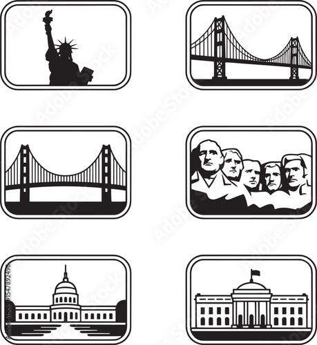 Six Blackand White Vector Icons Depicting Statueof Liberty Golden Gate Bridge Mount Rushmore U S Capitol White