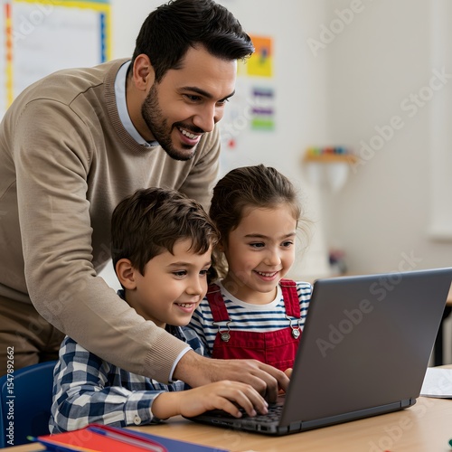 Teacher helping students with laptop in classroom