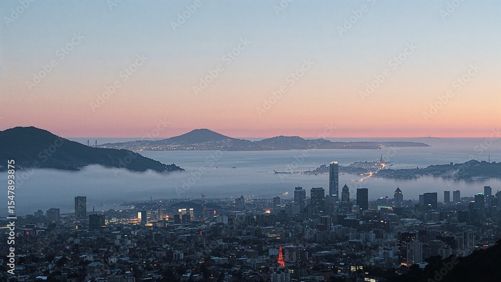 Fototapeta premium Evening fog in San Francisco line art style with watercolor textures illustration