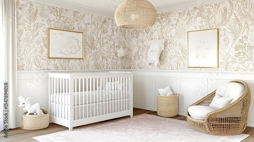 Nursery, Baby room, Bedroom, Nursery Room Interior Design with Floral Wallpaper and Wicker Furniture