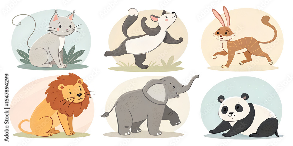 Obraz premium Six adorable cartoon animals isolated on transparent background