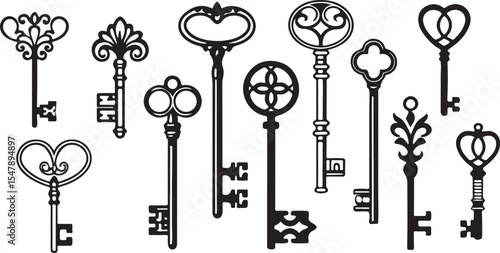 set of vector silhouettes of keys with heart