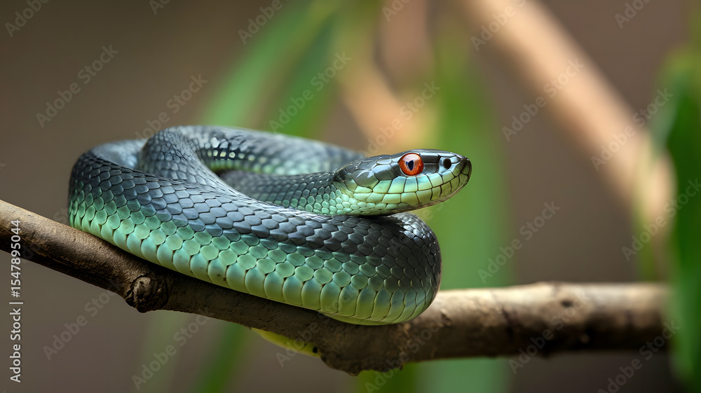 Fototapeta premium A macro shot of a coiled snake with red eyes and shiny blue scales. The snake is coiled on a branch.