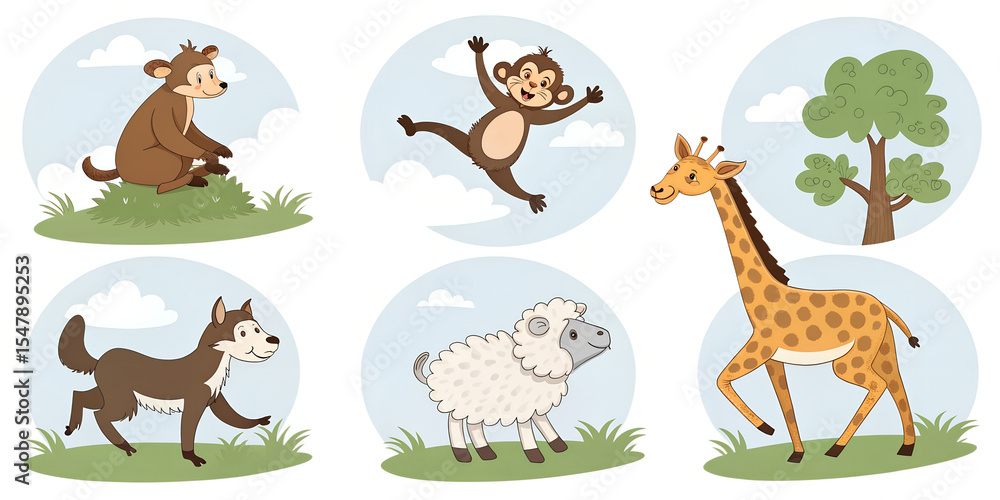 Fototapeta premium Cute cartoon animals set isolated on transparent background