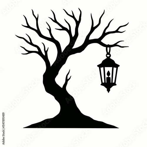 A vector illustration of a black silhouette of a tree in a pot with a bird on a branch, perfect for autumn or Halloween design art