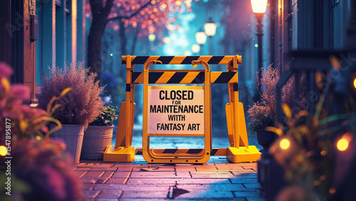 Closed for maintenance sign in a magical fantasy street with luminous lights and artistic vibe