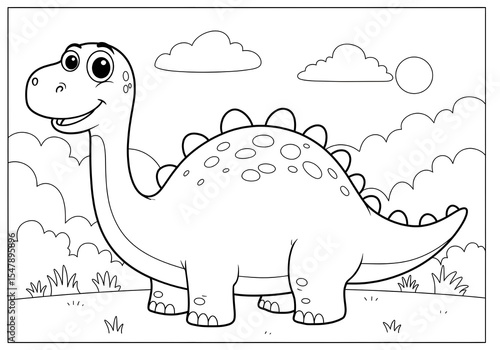 Coloring pages. cartoon dinosaur with rocky mountain theme coloring page. easy coloring page for kids. ready to print on standard A4 or 8.5x11 inch paper.