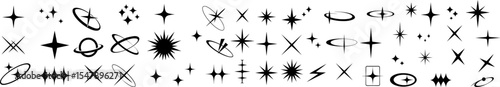 Set of 50 minimalist black vector icons featuring starbursts, sparkles, atomic orbits, rings and lightning shapes on white background for cosmic, science or decorative design projects.