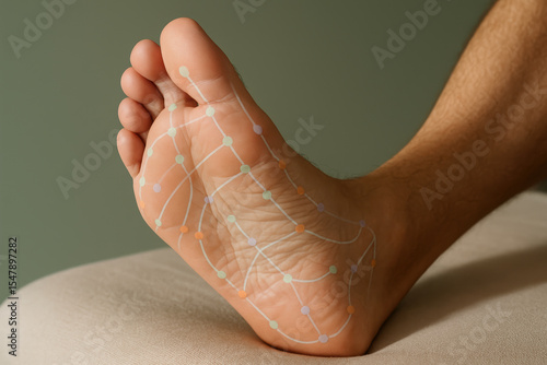 Male foot with colorful reflexology meridian lines and pressure points diagram displayed on the sole against a neutral indoor background