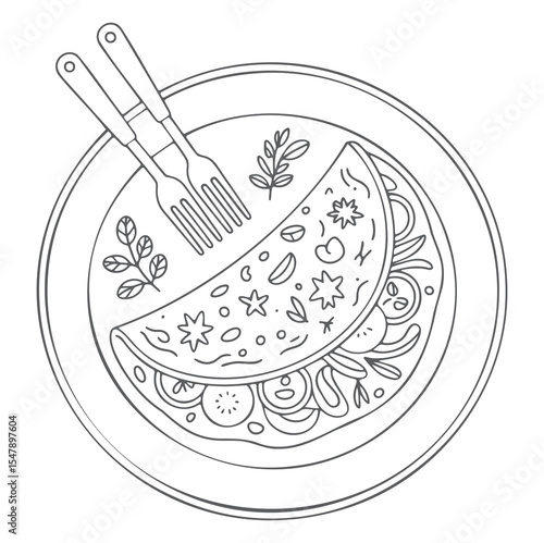Gray Line Drawing Omelette Plate Forks Herbs vector