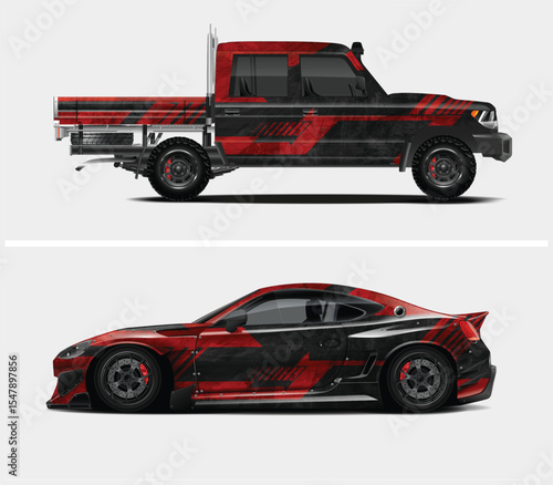 Red and Black Graphic Wraps for Pickup Truck and Sports Car