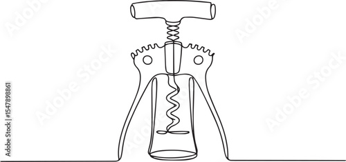 Continuous single line drawing of a traditional corkscrew wine bottle opener with curved handle and spiral helix on white background

