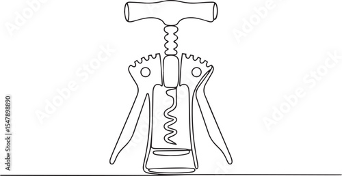 Continuous single line drawing of a traditional corkscrew wine bottle opener with curved handle and spiral helix on white background

