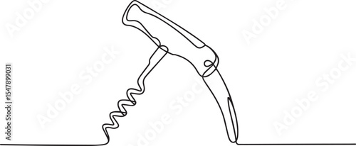 Continuous single line drawing of a traditional corkscrew wine bottle opener with curved handle and spiral helix on white background

