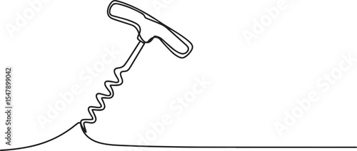 Continuous single line drawing of a traditional corkscrew wine bottle opener with curved handle and spiral helix on white background

