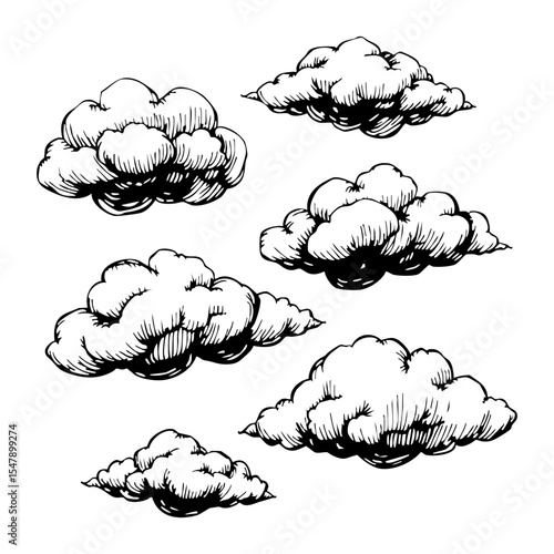 A detailed hand drawn collection of various fluffy cumulus cloud formations in black and white for weather and sky themes