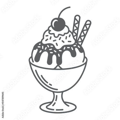 Gray Scale Ice Cream Sundae Dessert Cherry Wafer Bowl
