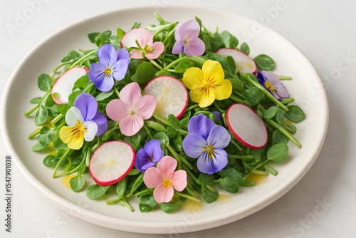 Wallpaper Mural Colorful Edible Flower Salad with Fresh Greens and Radishes on a White Plate Torontodigital.ca
