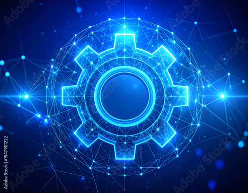 Technological Gear: A glowing gear emblem is surrounded by intricate digital connections in a captivating visualization. Perfect for representing innovation, progress, and digital solutions.