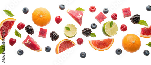 Fresh fruits arranged beautifully, including oranges, limes, raspberries, and blueberries, creating vibrant and colorful display