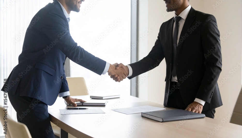 Realistic photo of two executives shaking hands over a contract on a signing table, with pens, documents, and legal folders present, symbolizing a signed deal or partnership Realistic photo of two executives shaking hands over a contract on a signing table, with pens, documents, and legal folders present, symbolizing a signed deal or partnership