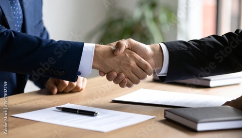 Wallpaper Mural Realistic photo of two executives shaking hands over a contract on a signing table, with pens, documents, and legal folders present, symbolizing a signed deal or partnership Torontodigital.ca