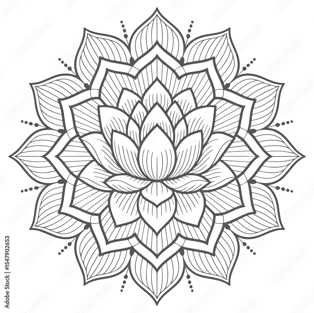 Gray Scale Mandala Lotus Flower Design Intricate Pattern Circular Ornament