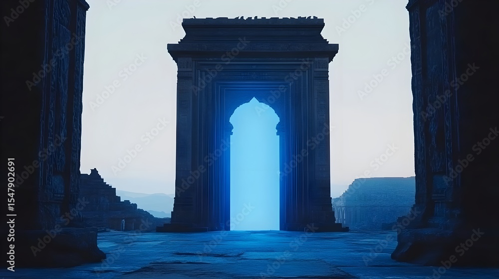 Fototapeta premium Ancient ruins, Archway, Architecture, Glowing Blue Portal in Ancient Ruins