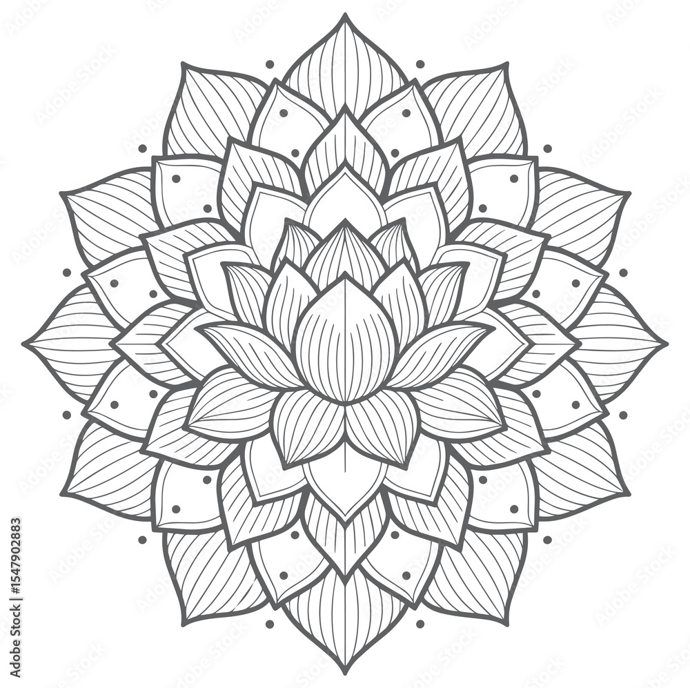 Gray Scale Mandala Lotus Flower Detailed Line Art Design