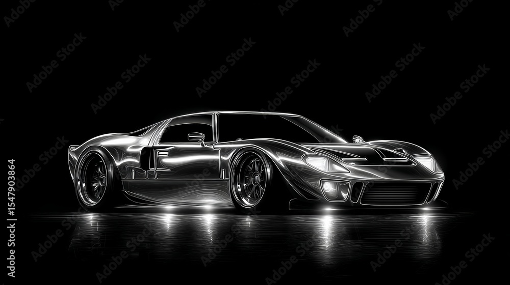 Fototapeta premium Sleek chrome sports car on reflective surface with black background