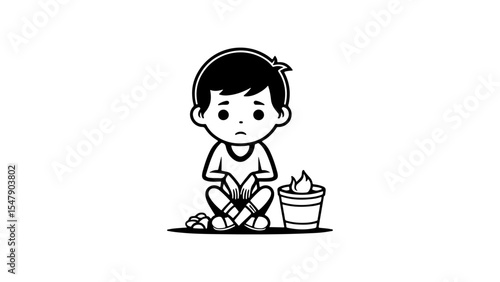 sad boy silhouette black and white illustration, poverty icon, poor homeless sad kid sitting next to a fire waiting for help