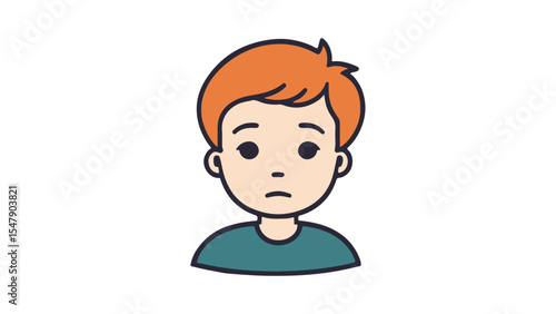 sad boy face vector illustration, simple shape of a boy with sad face, boy with orange hair and blue shirt and with sad face vector illustration