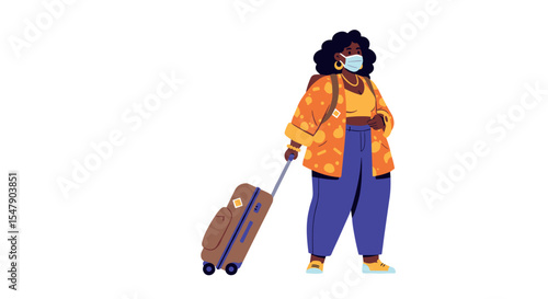 African female traveler with luggage wearing mask vector illustration