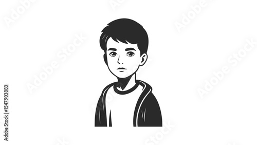 boy staring black and white shape silhouette, black and white shape of a boy standing and looking vector illustration