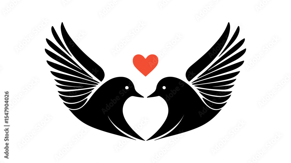 Fototapeta premium two birds loving each other beautiful simple black and white sign with heart in the middle, simple cute beautiful loving birds symbol with heart in middle