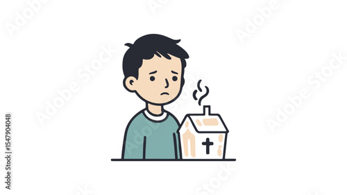 sad boy charity logo, sad boy next to a toy house with cross sign on it, simple illustration of a sad boy next to a toy house with cross on it charity poorness illustration